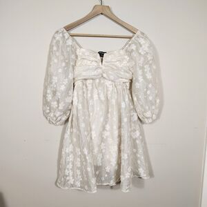 Cream Floral Sheer Puff Sleeve Mini Dress Romantic Cottagecore Boho Size Small